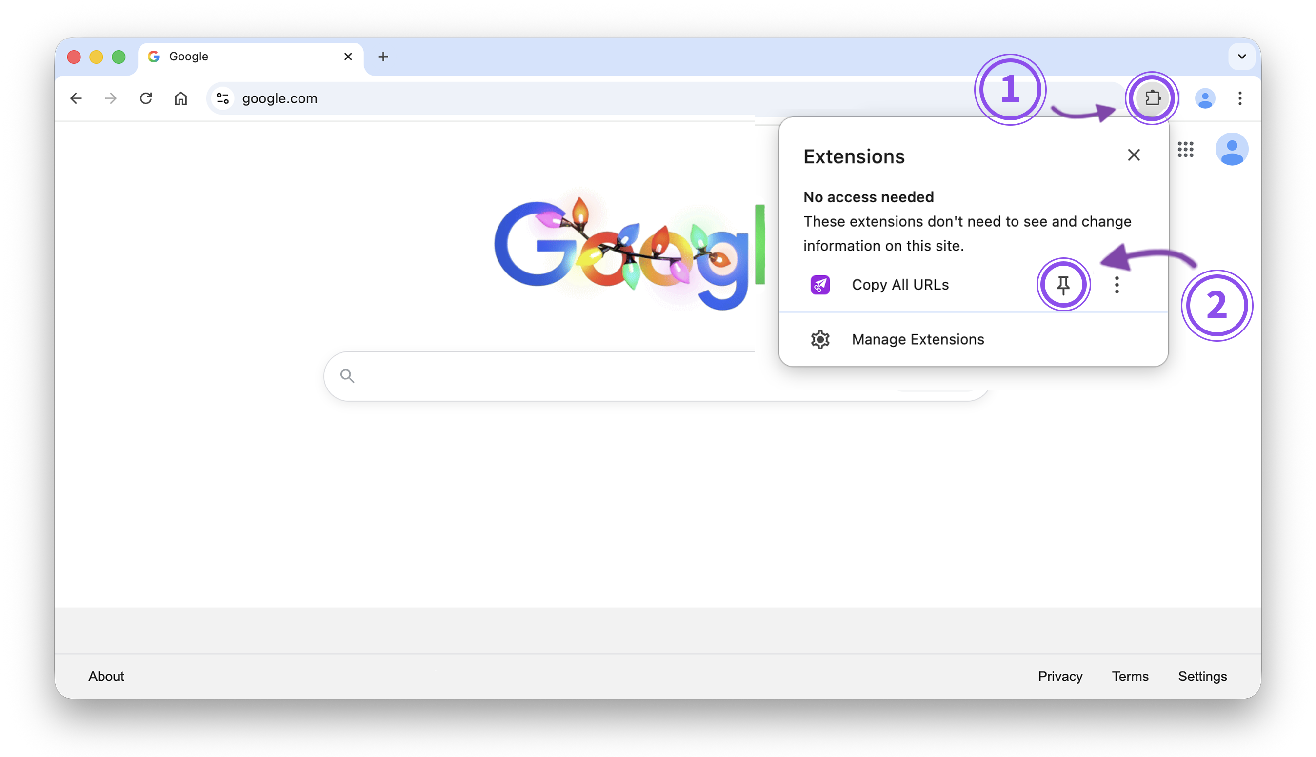 Browser toolbar instructions: puzzle piece and pin